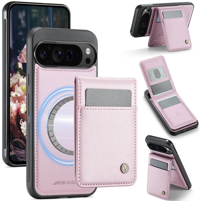 JEEHOOD For Google Pixel 10 Pro XL Leather Back Cover  J06 Magnetic Phone Case with Card Bag RFID Blocking - Pink - 1