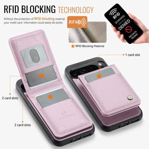 JEEHOOD For Google Pixel 10 Pro XL Leather Back Cover  J06 Magnetic Phone Case with Card Bag RFID Blocking - Pink - 2