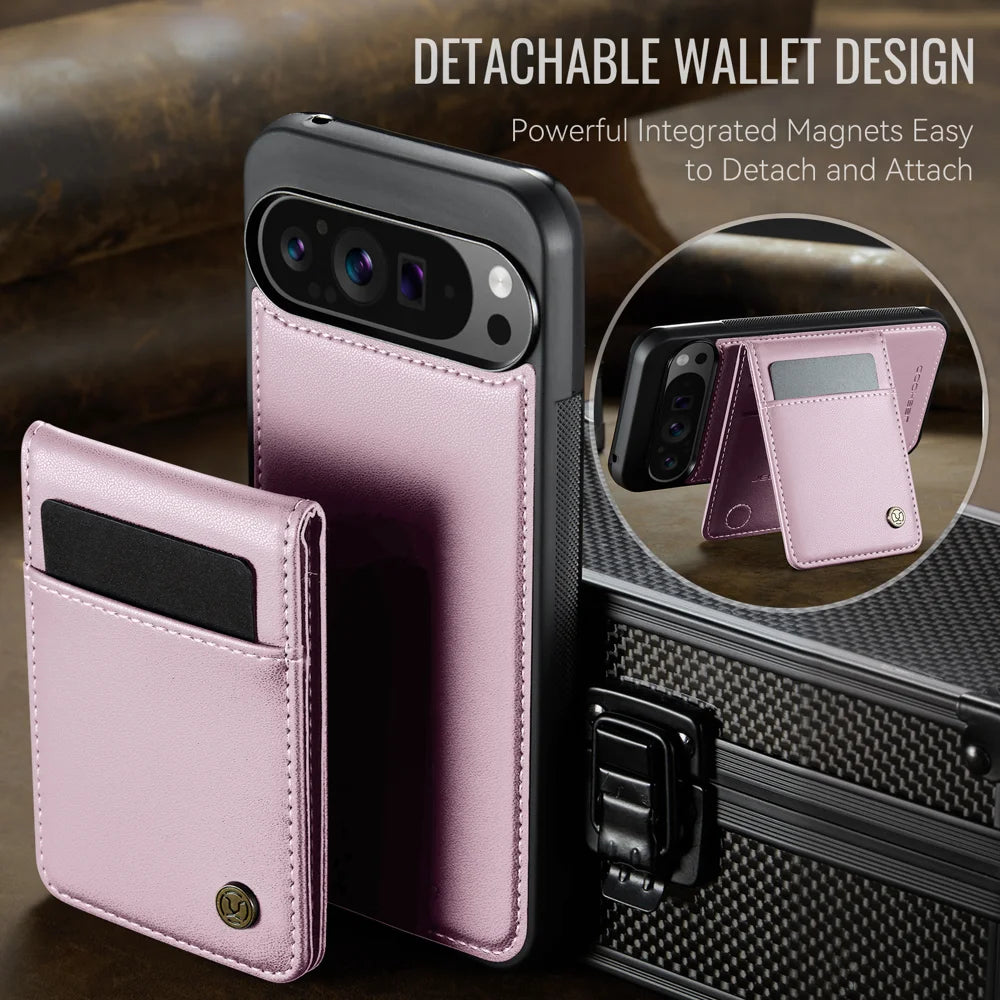JEEHOOD For Google Pixel 10 Pro XL Leather Back Cover  J06 Magnetic Phone Case with Card Bag RFID Blocking - Pink - 4