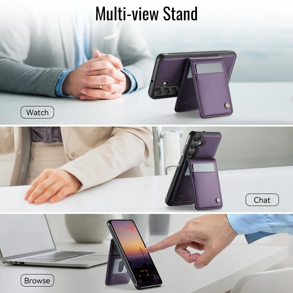 JEEHOOD For Samsung Galaxy A18 5G / A18 4G / A17 5G / A17 4G Leather Back Cover  J06 Magnetic Phone Case with Card Bag RFID Blocking - Purple - 6