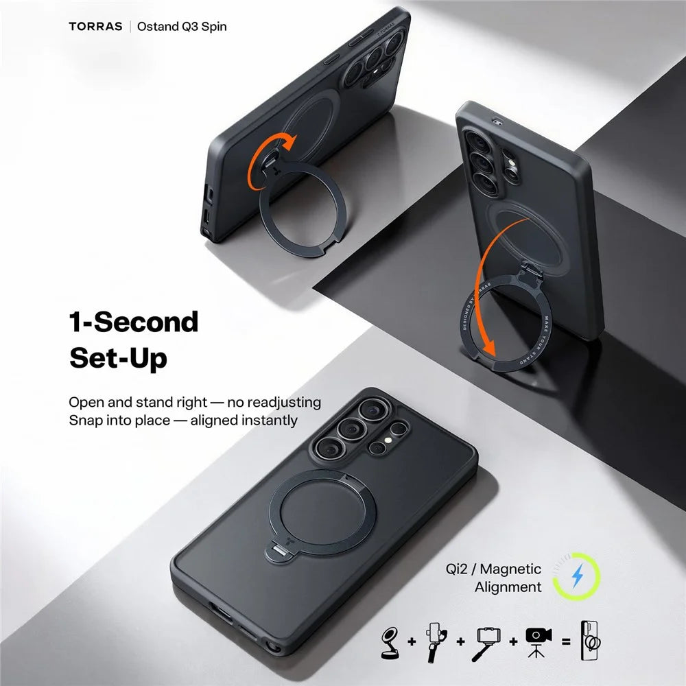 TORRAS Ostand Q3 Spin Series For Samsung Galaxy S26 Ultra Case Magnetic Rotating Kickstand PC + TPU Phone Cover - Black - 2