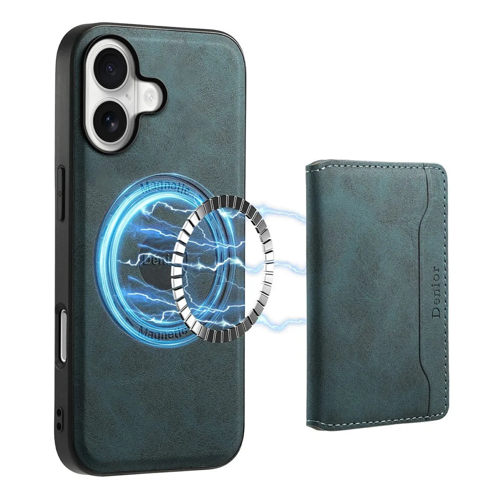 DENIOR D13 For iPhone 17 Magnetic Case Card Holder Leather Coated PC + TPU Phone Cover - Blue - 1