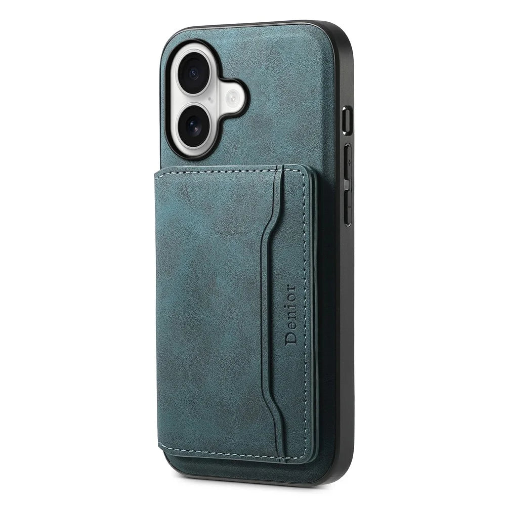 DENIOR D13 For iPhone 17 Magnetic Case Card Holder Leather Coated PC + TPU Phone Cover - Blue - 3