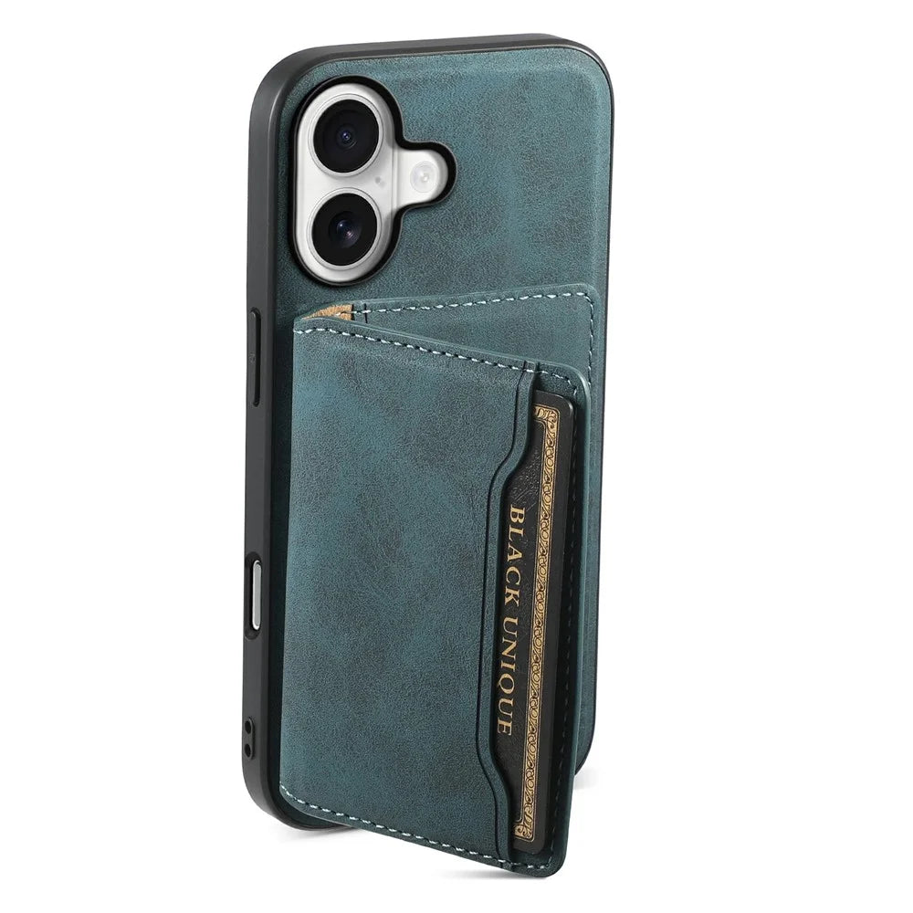 DENIOR D13 For iPhone 17 Magnetic Case Card Holder Leather Coated PC + TPU Phone Cover - Blue - 4
