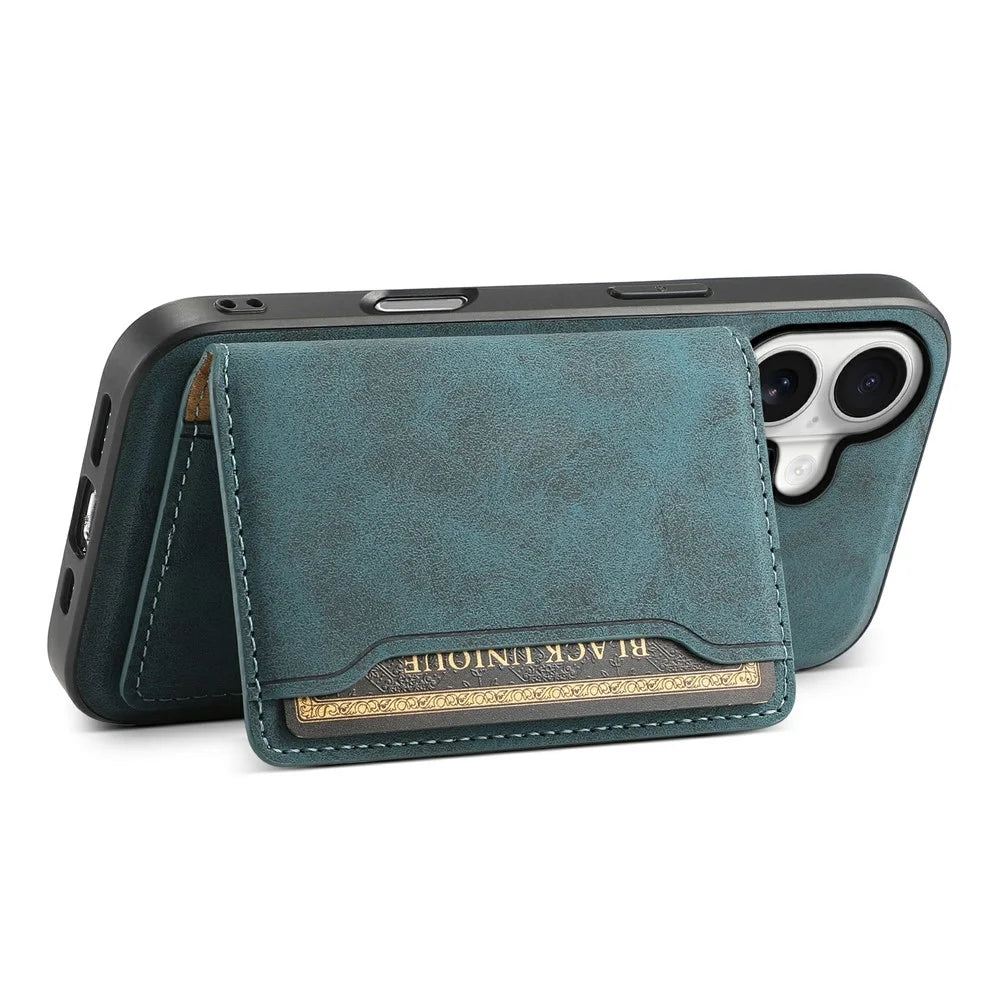 DENIOR D13 For iPhone 17 Magnetic Case Card Holder Leather Coated PC + TPU Phone Cover - Blue - 5