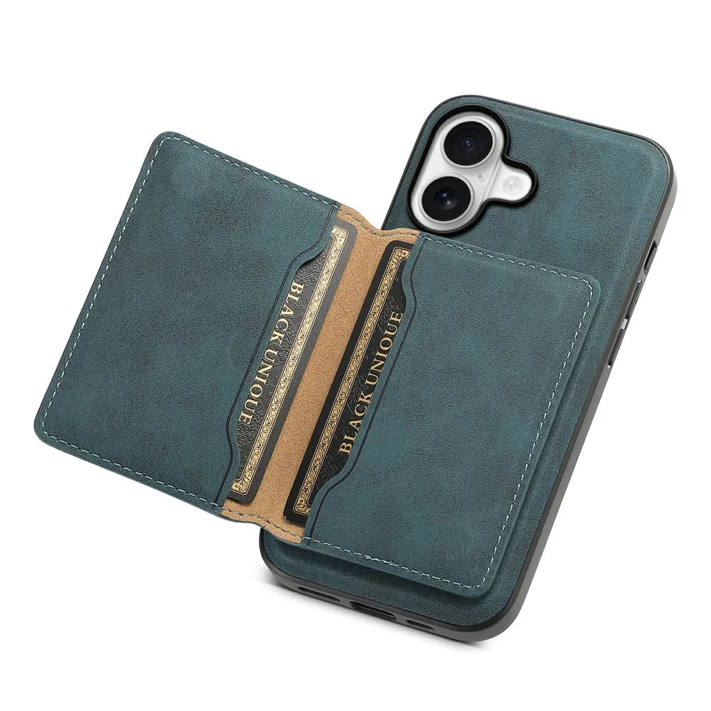 DENIOR D13 For iPhone 17 Magnetic Case Card Holder Leather Coated PC + TPU Phone Cover - Blue - 6