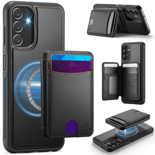 JEEHOOD For Samsung Galaxy A14 4G / Galaxy M44 5G / Galaxy A14 5G Magnetic Case  J10 Leather Back Phone Cover with Detachable Card Holder Kickstand - Black - 1