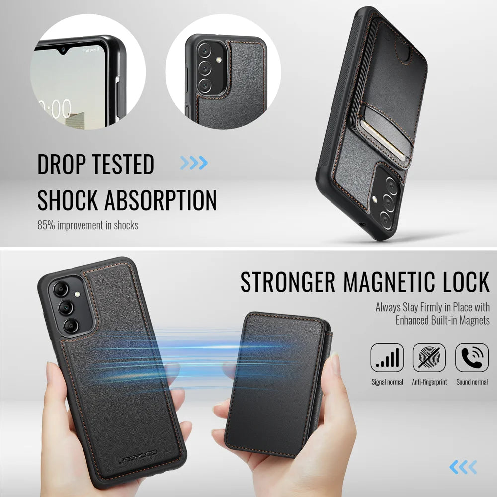 JEEHOOD For Samsung Galaxy A14 4G / Galaxy M44 5G / Galaxy A14 5G Magnetic Case  J10 Leather Back Phone Cover with Detachable Card Holder Kickstand - Black - 3