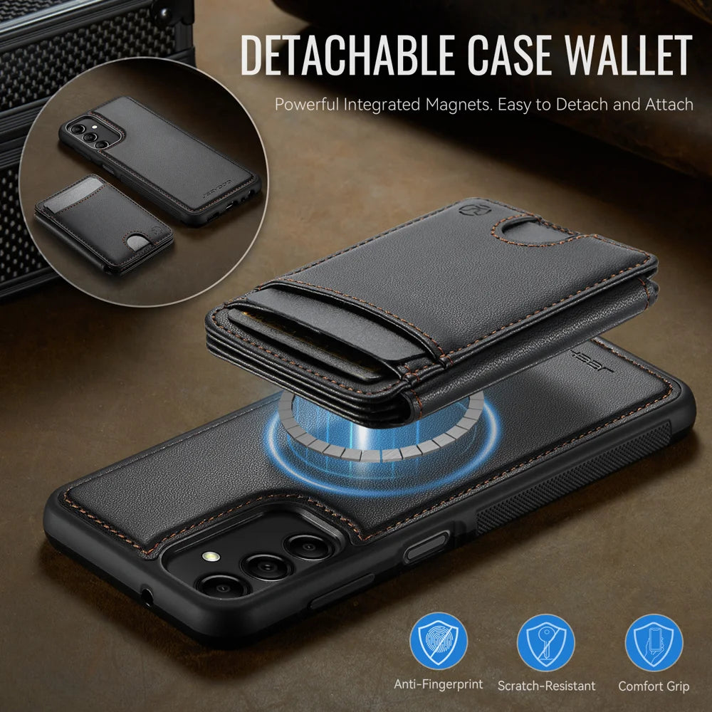 JEEHOOD For Samsung Galaxy A14 4G / Galaxy M44 5G / Galaxy A14 5G Magnetic Case  J10 Leather Back Phone Cover with Detachable Card Holder Kickstand - Black - 7