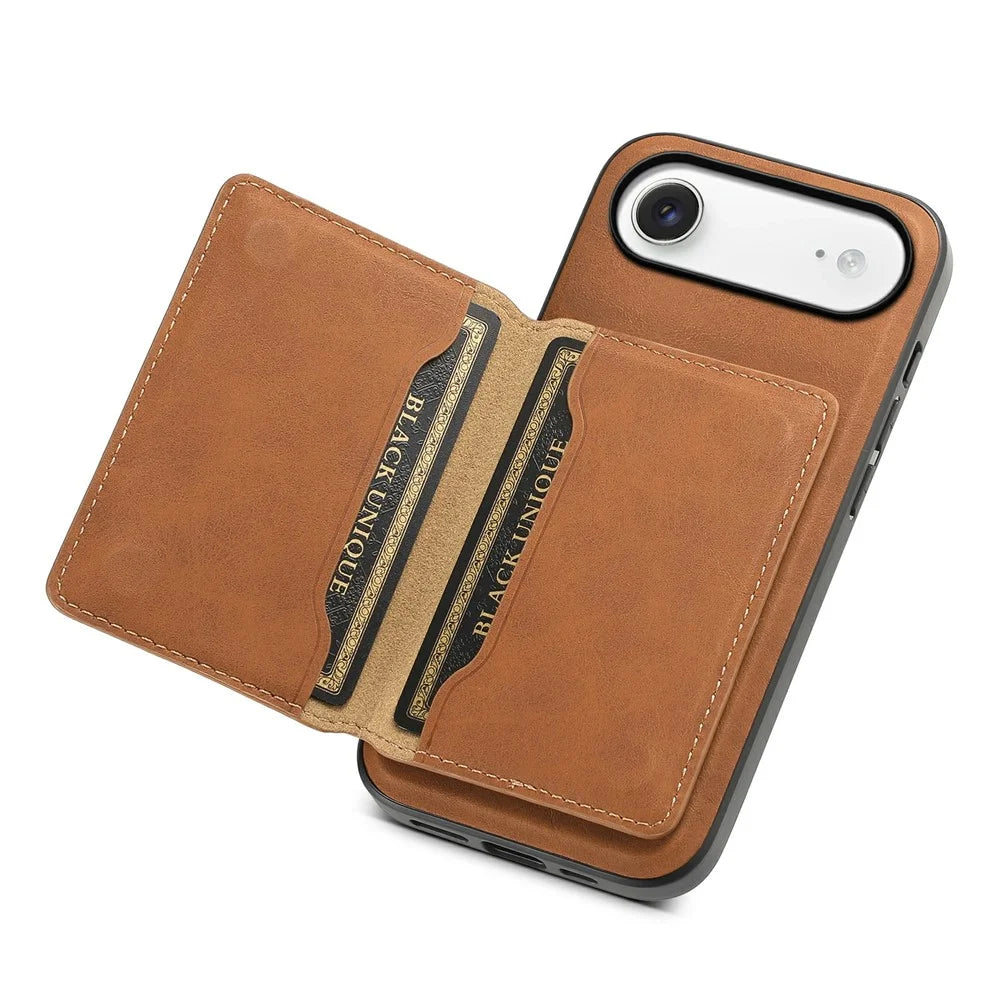 DENIOR D13 For iPhone Air Magnetic Case Card Holder Leather Coated PC + TPU Phone Cover - Brown - 4