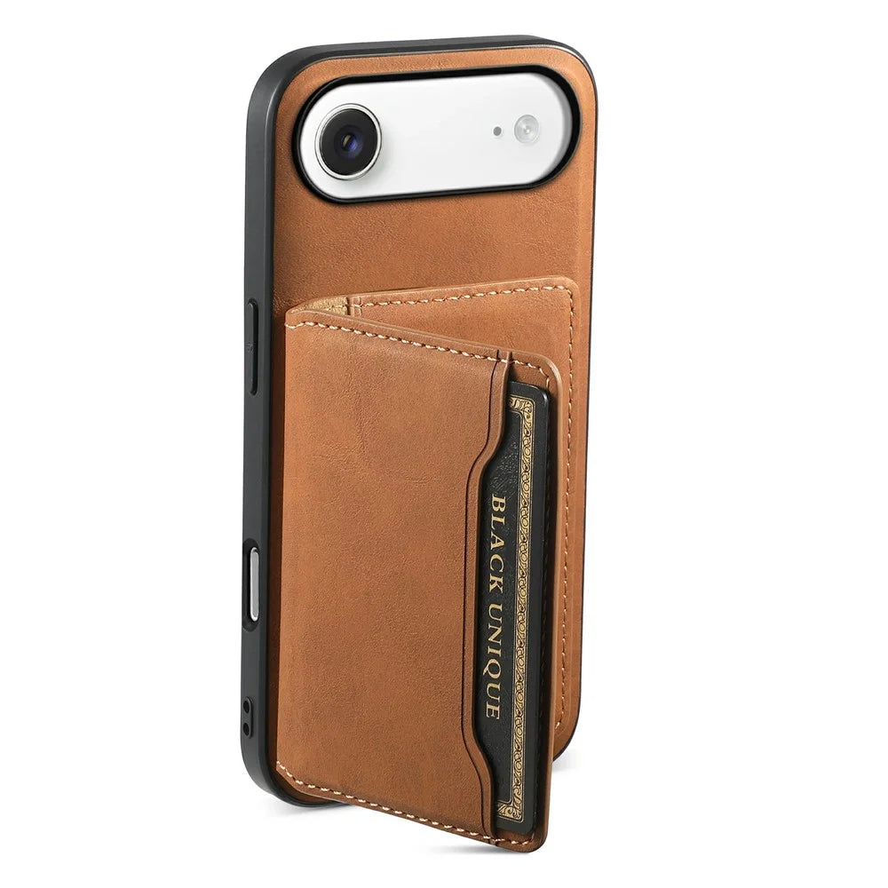 DENIOR D13 For iPhone Air Magnetic Case Card Holder Leather Coated PC + TPU Phone Cover - Brown - 5