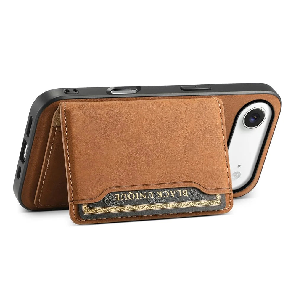 DENIOR D13 For iPhone Air Magnetic Case Card Holder Leather Coated PC + TPU Phone Cover - Brown - 6