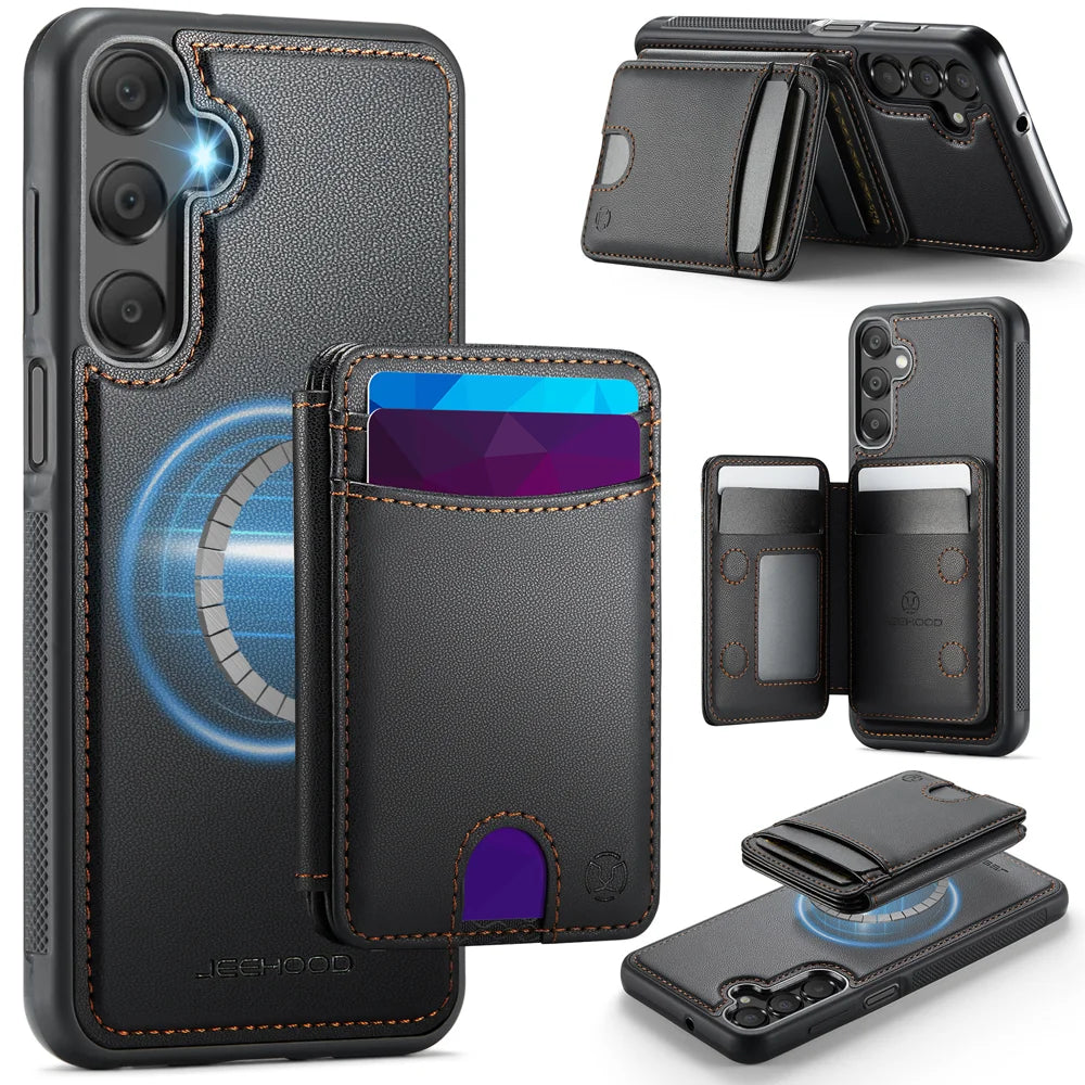 JEEHOOD For Samsung Galaxy A16 4G / Galaxy A16 5G Magnetic Case  J10 Leather Back Phone Cover with Detachable Card Holder Kickstand - Black - 1