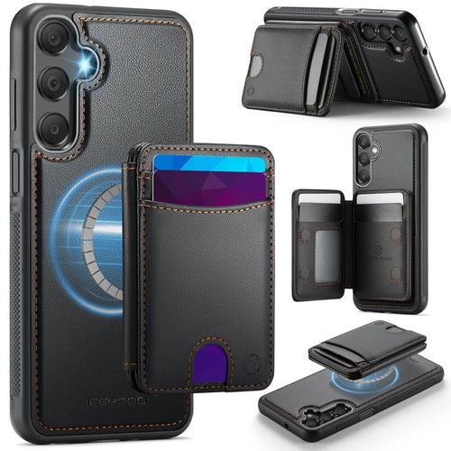 JEEHOOD For Samsung Galaxy A16 4G / Galaxy A16 5G Magnetic Case  J10 Leather Back Phone Cover with Detachable Card Holder Kickstand - Black - 1