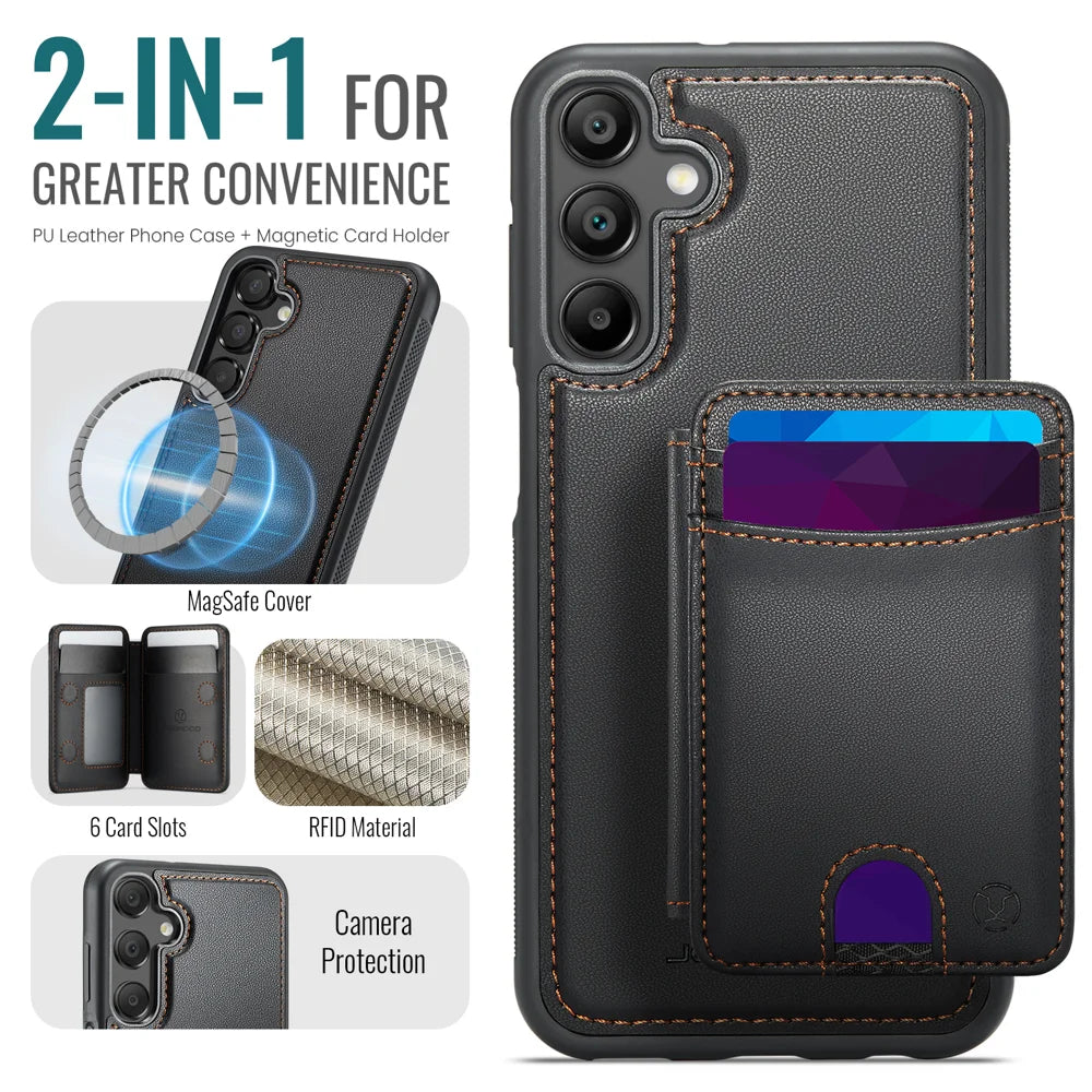 JEEHOOD For Samsung Galaxy A16 4G / Galaxy A16 5G Magnetic Case  J10 Leather Back Phone Cover with Detachable Card Holder Kickstand - Black - 2