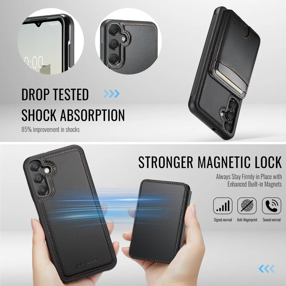 JEEHOOD For Samsung Galaxy A16 4G / Galaxy A16 5G Magnetic Case  J10 Leather Back Phone Cover with Detachable Card Holder Kickstand - Black - 3