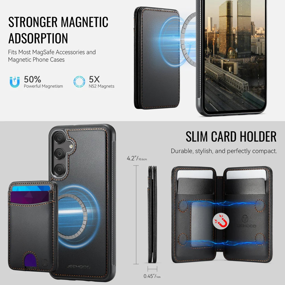 JEEHOOD For Samsung Galaxy A16 4G / Galaxy A16 5G Magnetic Case  J10 Leather Back Phone Cover with Detachable Card Holder Kickstand - Black - 6