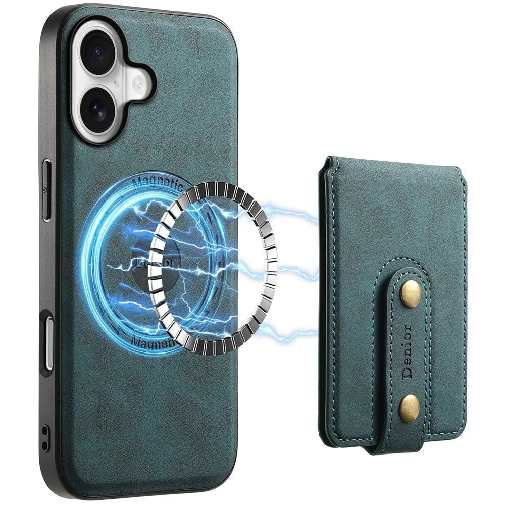 DENIOR D14 For iPhone 17 Magnetic Case with Detachable Card Holder Kickstand PU+TPU+PC Phone Cover - Blue - 1