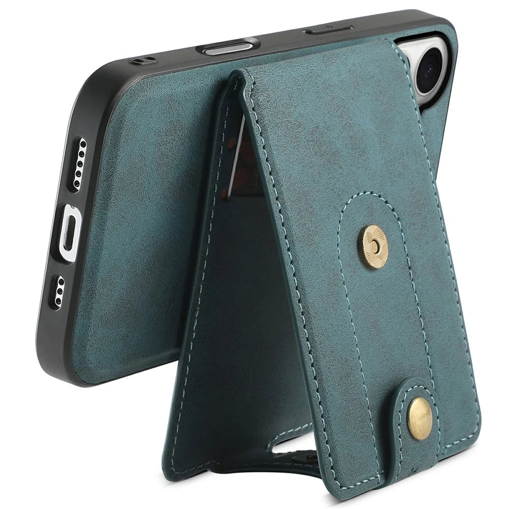 DENIOR D14 For iPhone 17 Magnetic Case with Detachable Card Holder Kickstand PU+TPU+PC Phone Cover - Blue - 5