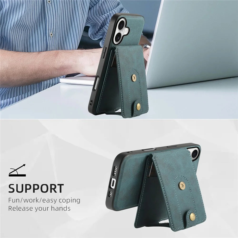 DENIOR D14 For iPhone 17 Magnetic Case with Detachable Card Holder Kickstand PU+TPU+PC Phone Cover - Blue - 7