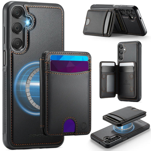 JEEHOOD For Samsung Galaxy A15 5G / Galaxy A15 4G Magnetic Case  J10 Leather Back Phone Cover with Detachable Card Holder Kickstand - Black - 1