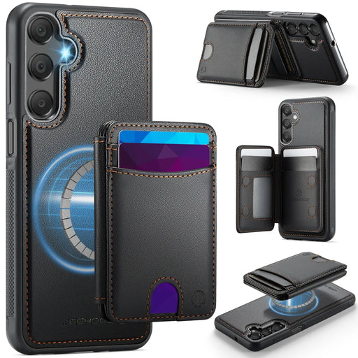 JEEHOOD For Samsung Galaxy A15 5G / Galaxy A15 4G Magnetic Case  J10 Leather Back Phone Cover with Detachable Card Holder Kickstand - Black - 1