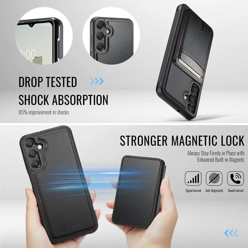 JEEHOOD For Samsung Galaxy A15 5G / Galaxy A15 4G Magnetic Case  J10 Leather Back Phone Cover with Detachable Card Holder Kickstand - Black - 3