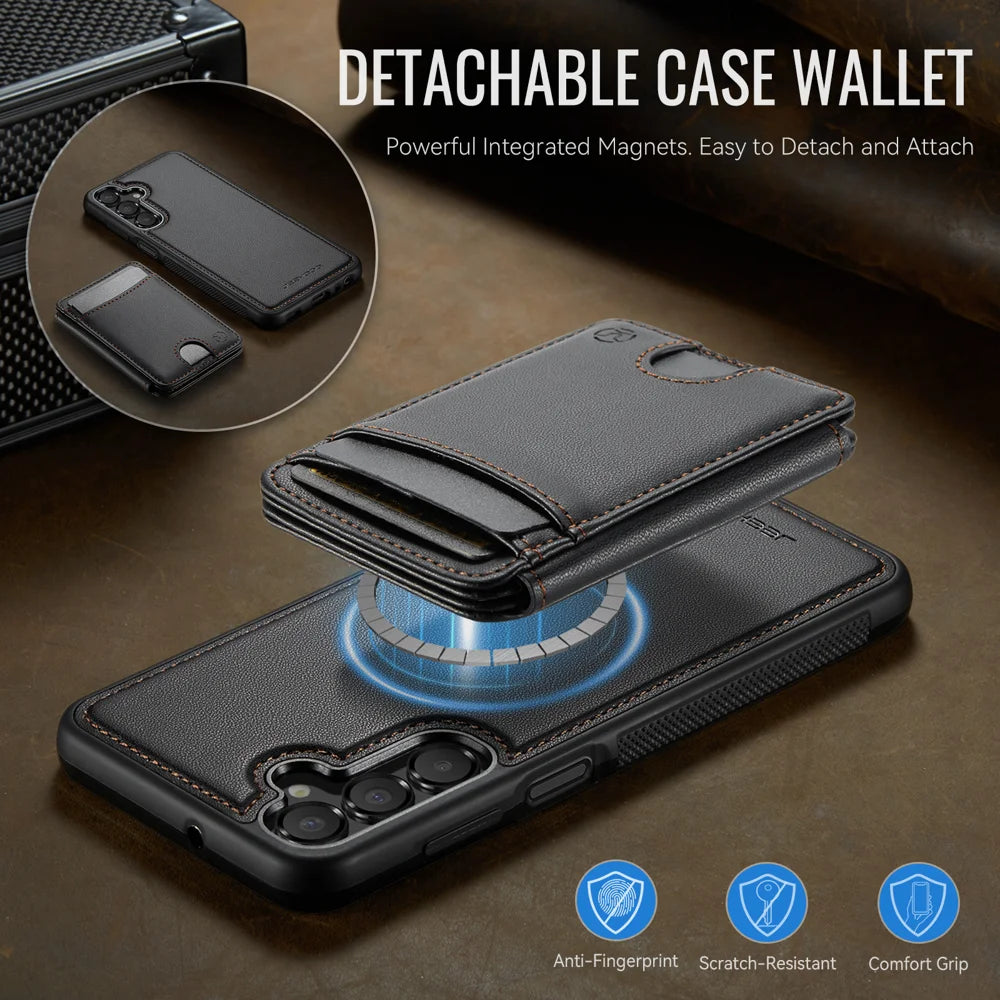 JEEHOOD For Samsung Galaxy A15 5G / Galaxy A15 4G Magnetic Case  J10 Leather Back Phone Cover with Detachable Card Holder Kickstand - Black - 7