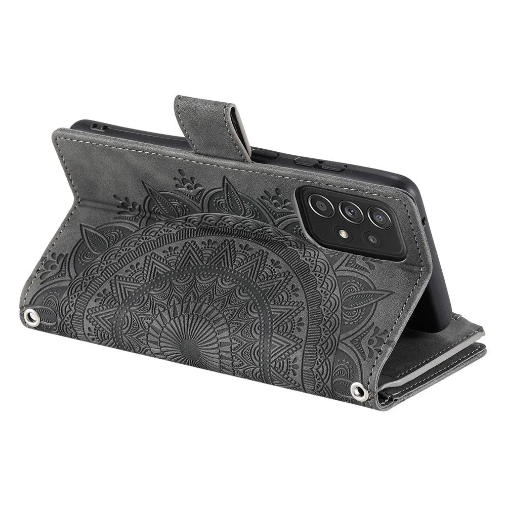 For Samsung Galaxy A23 4G / 5G (Global Version) / M13 4G / F23 5G / M23 5G PU Leather Phone Shell, Mandala Flower Imprinted Cover Stand with Multiple Card Slots Zipper Pocket Wallet Case - Grey - 3