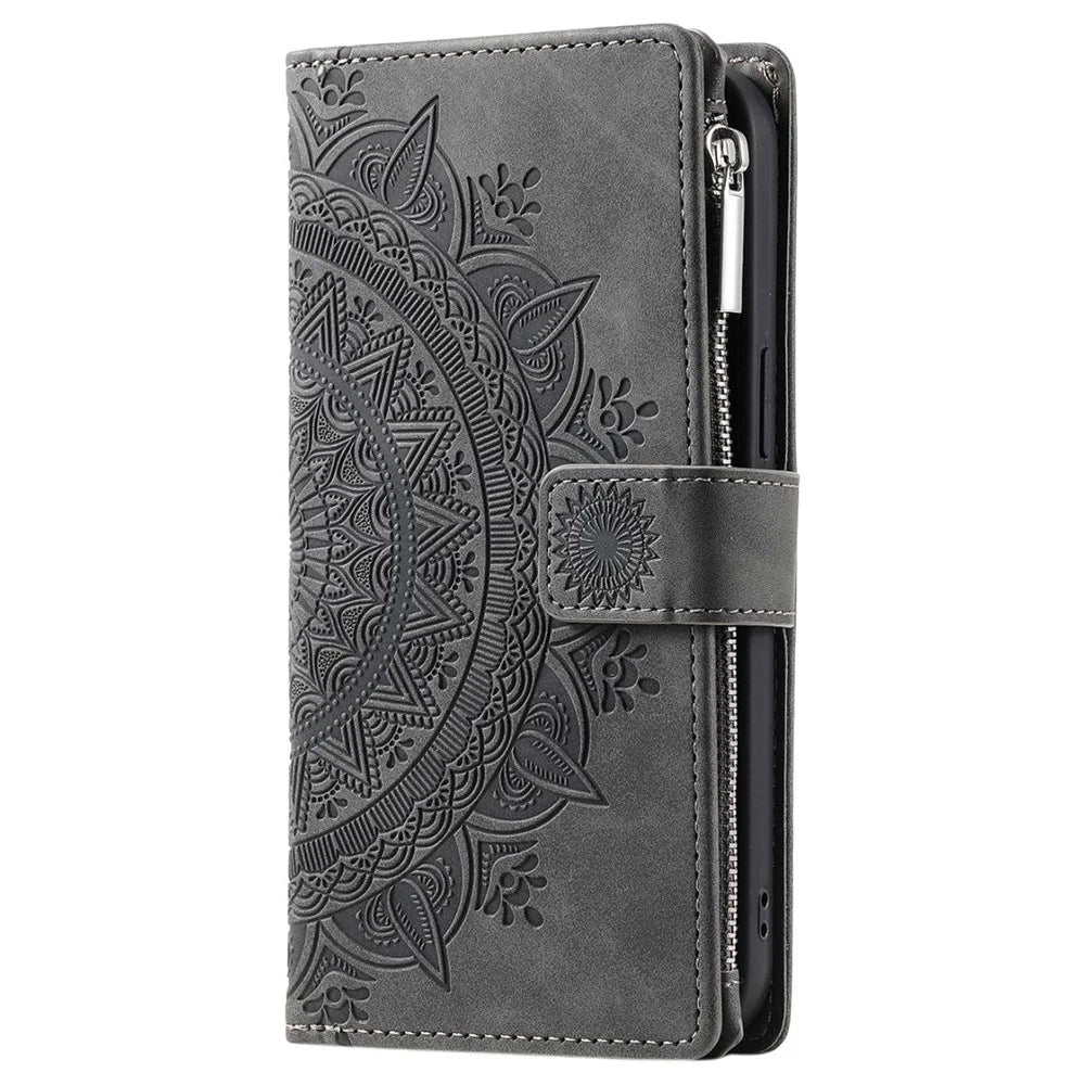 For Samsung Galaxy A23 4G / 5G (Global Version) / M13 4G / F23 5G / M23 5G PU Leather Phone Shell, Mandala Flower Imprinted Cover Stand with Multiple Card Slots Zipper Pocket Wallet Case - Grey - 7