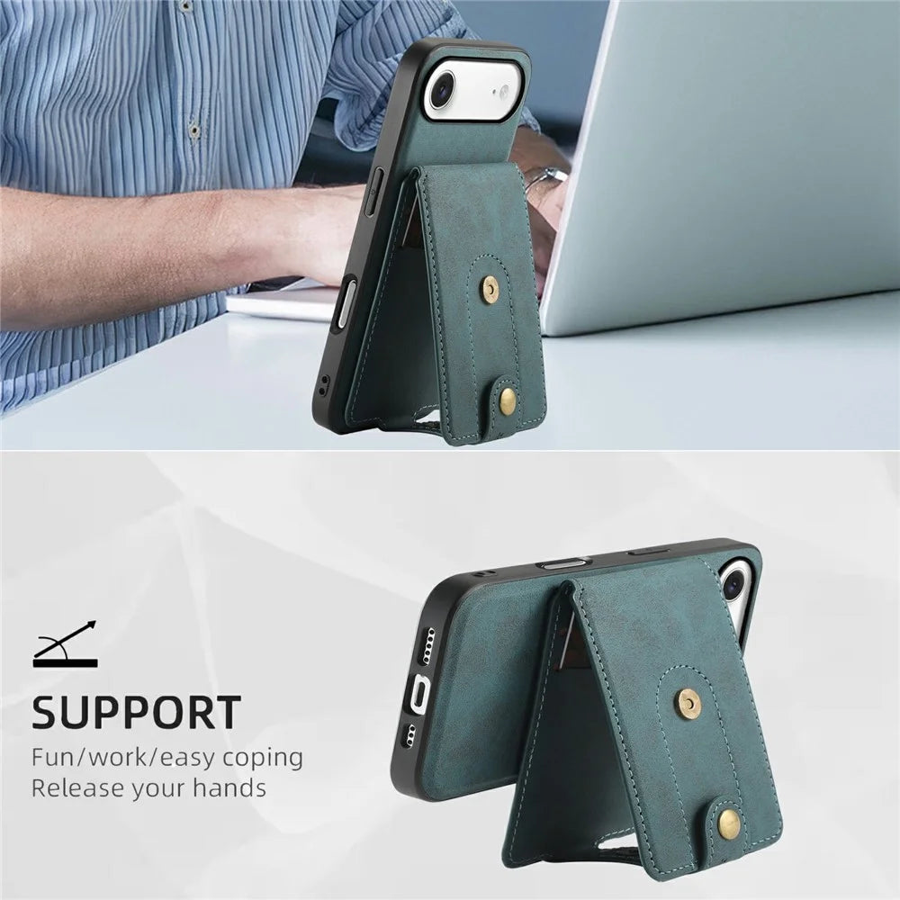 DENIOR D14 For iPhone Air Magnetic Case with Detachable Card Holder Kickstand PU+TPU+PC Phone Cover - Green - 7