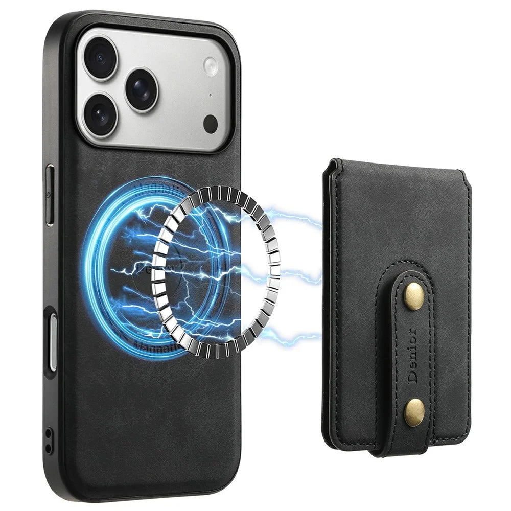 DENIOR D14 For iPhone 17 Pro Magnetic Case with Detachable Card Holder Kickstand PU+TPU+PC Phone Cover - Black - 1