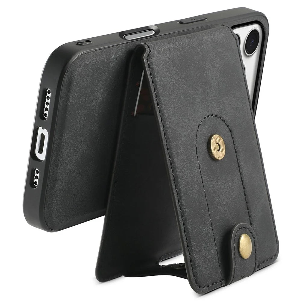 DENIOR D14 For iPhone 17 Pro Magnetic Case with Detachable Card Holder Kickstand PU+TPU+PC Phone Cover - Black - 5