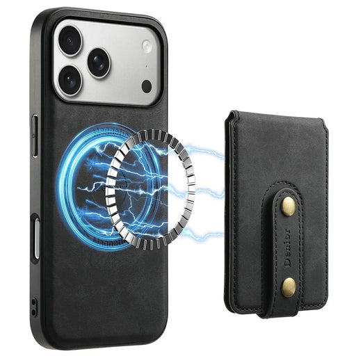 DENIOR D14 For iPhone 17 Pro Max Magnetic Case with Detachable Card Holder Kickstand PU+TPU+PC Phone Cover - Black - 1
