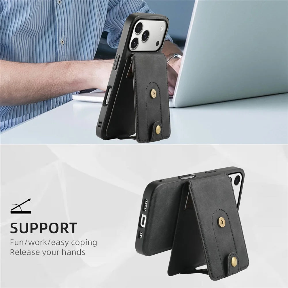 DENIOR D14 For iPhone 17 Pro Max Magnetic Case with Detachable Card Holder Kickstand PU+TPU+PC Phone Cover - Black - 7