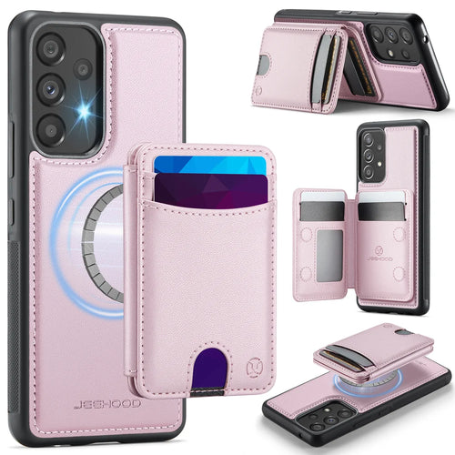JEEHOOD For Samsung Galaxy A53 5G Magnetic Case  J10 Leather Back Phone Cover with Detachable Card Holder Kickstand - Pink - 1
