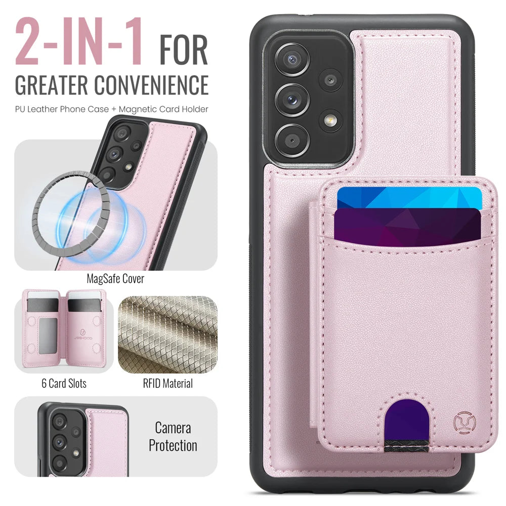 JEEHOOD For Samsung Galaxy A53 5G Magnetic Case  J10 Leather Back Phone Cover with Detachable Card Holder Kickstand - Pink - 2