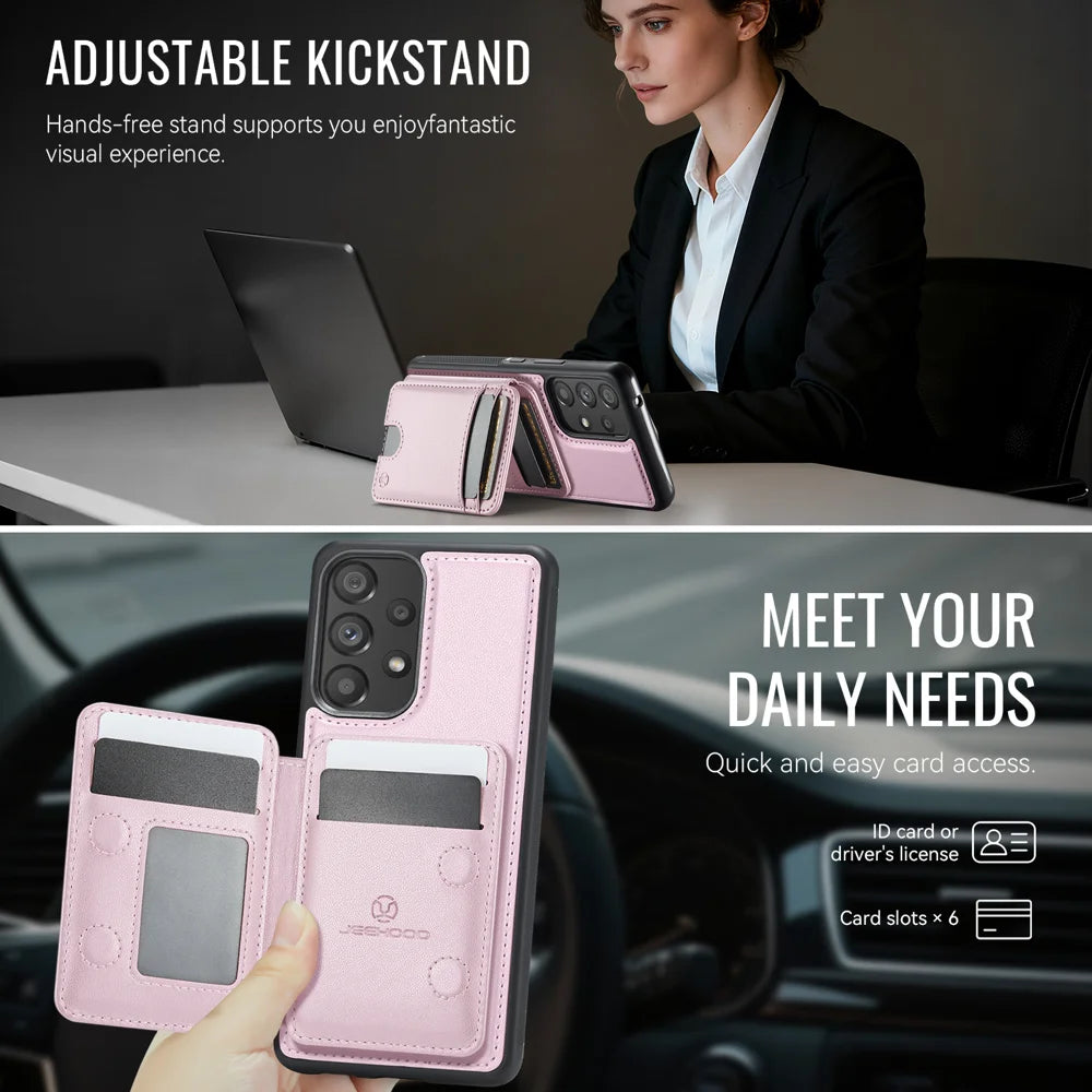 JEEHOOD For Samsung Galaxy A53 5G Magnetic Case  J10 Leather Back Phone Cover with Detachable Card Holder Kickstand - Pink - 4