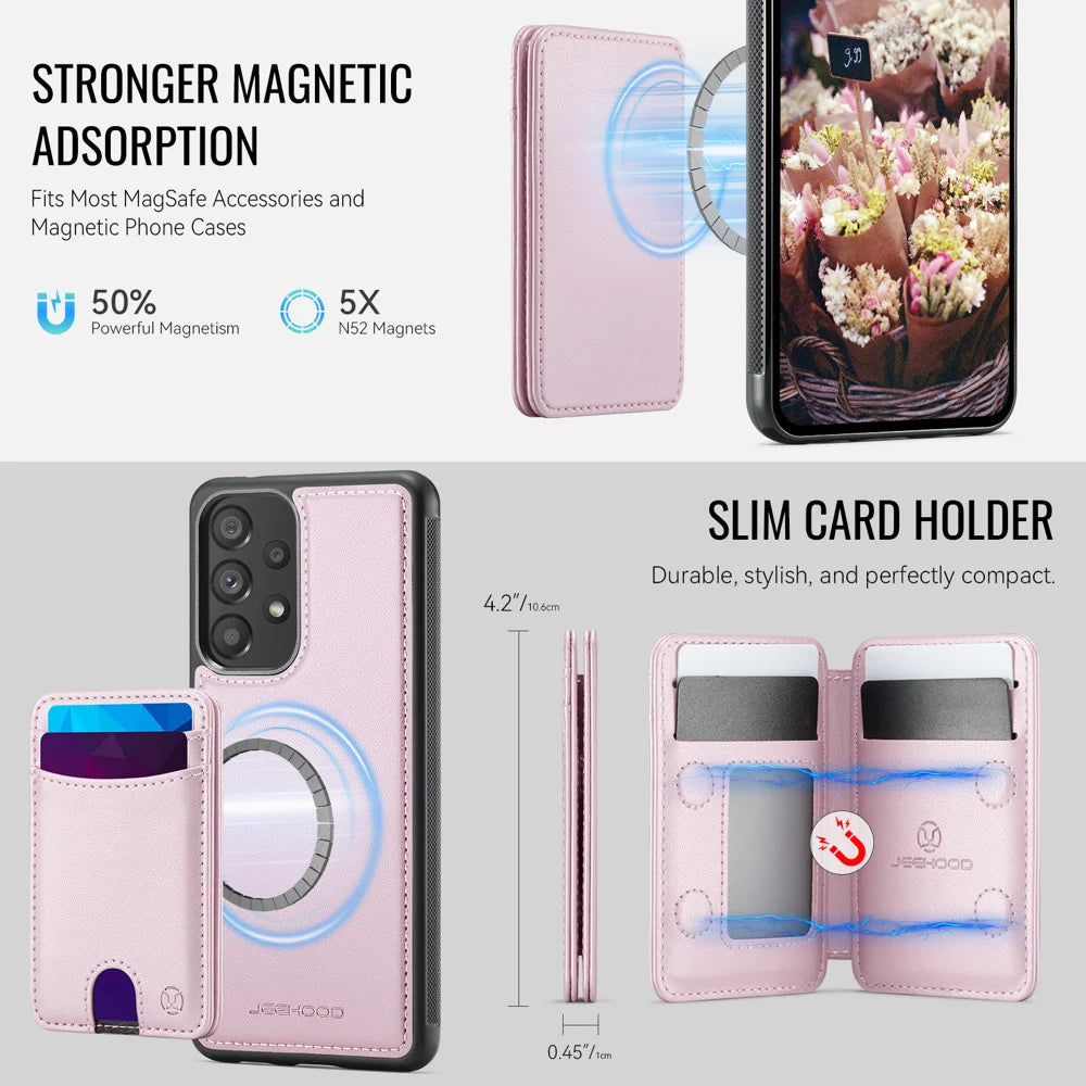 JEEHOOD For Samsung Galaxy A53 5G Magnetic Case  J10 Leather Back Phone Cover with Detachable Card Holder Kickstand - Pink - 6