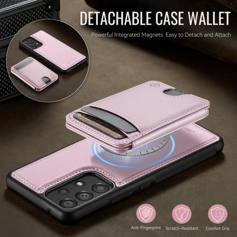 JEEHOOD For Samsung Galaxy A53 5G Magnetic Case  J10 Leather Back Phone Cover with Detachable Card Holder Kickstand - Pink - 7