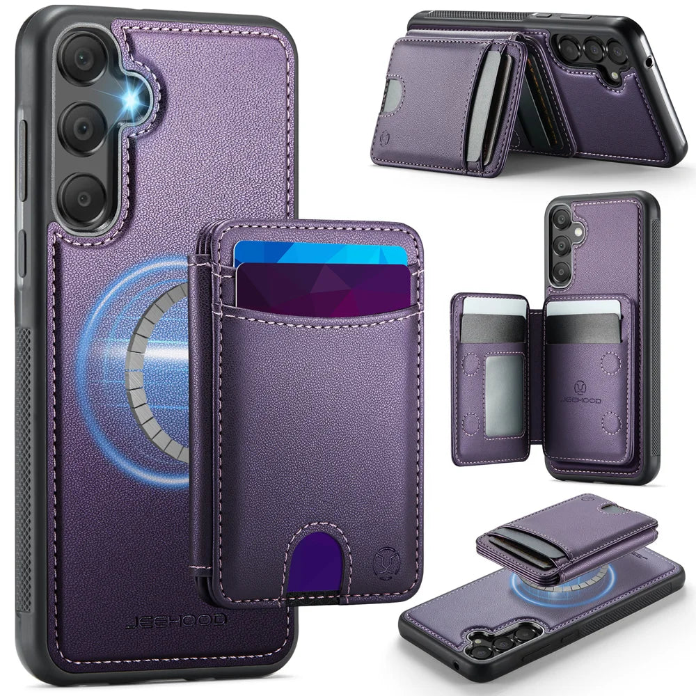 JEEHOOD For Samsung Galaxy A55 5G Magnetic Case  J10 Leather Back Phone Cover with Detachable Card Holder Kickstand - Purple - 1
