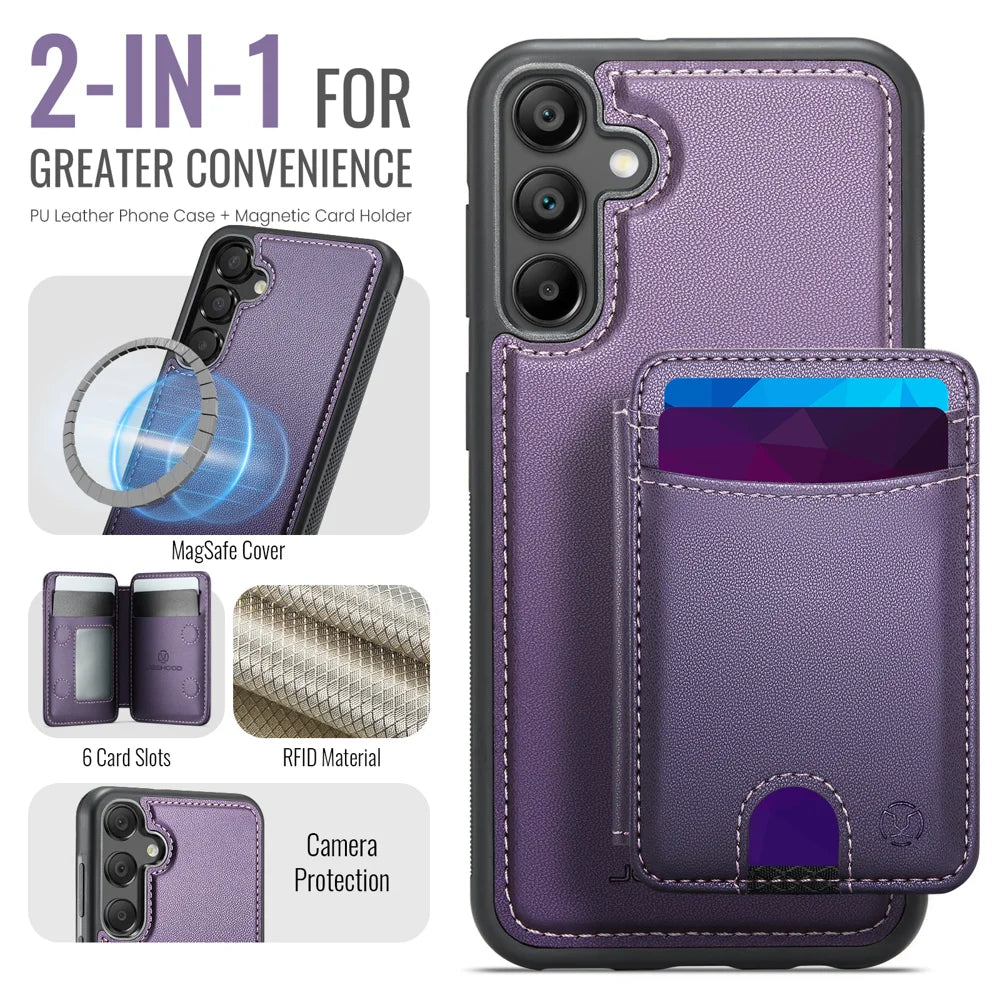 JEEHOOD For Samsung Galaxy A55 5G Magnetic Case  J10 Leather Back Phone Cover with Detachable Card Holder Kickstand - Purple - 2