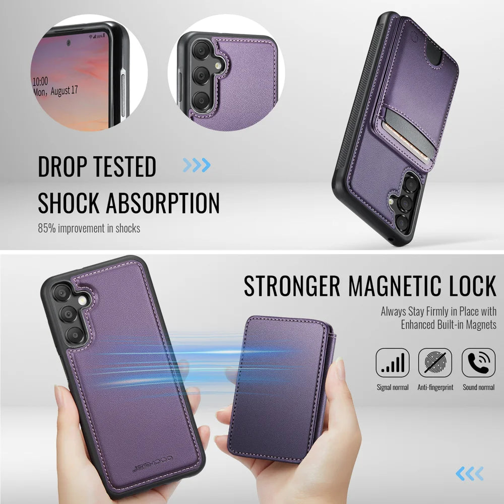 JEEHOOD For Samsung Galaxy A55 5G Magnetic Case  J10 Leather Back Phone Cover with Detachable Card Holder Kickstand - Purple - 3