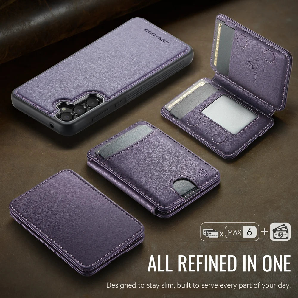 JEEHOOD For Samsung Galaxy A55 5G Magnetic Case  J10 Leather Back Phone Cover with Detachable Card Holder Kickstand - Purple - 5