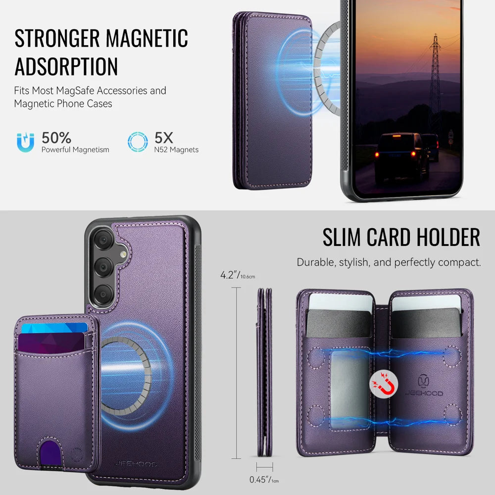 JEEHOOD For Samsung Galaxy A55 5G Magnetic Case  J10 Leather Back Phone Cover with Detachable Card Holder Kickstand - Purple - 6