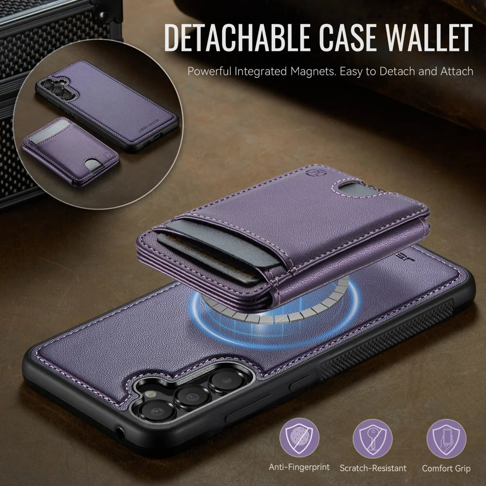 JEEHOOD For Samsung Galaxy A55 5G Magnetic Case  J10 Leather Back Phone Cover with Detachable Card Holder Kickstand - Purple - 7