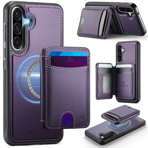JEEHOOD For Samsung Galaxy A56 5G Magnetic Case  J10 Leather Back Phone Cover with Detachable Card Holder Kickstand - Purple - 1