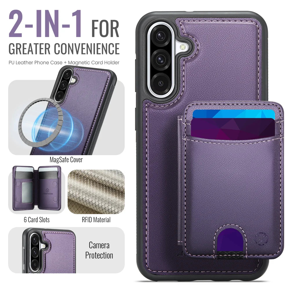 JEEHOOD For Samsung Galaxy A56 5G Magnetic Case  J10 Leather Back Phone Cover with Detachable Card Holder Kickstand - Purple - 2