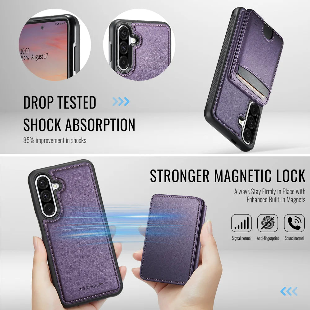 JEEHOOD For Samsung Galaxy A56 5G Magnetic Case  J10 Leather Back Phone Cover with Detachable Card Holder Kickstand - Purple - 3