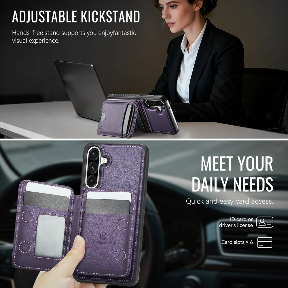 JEEHOOD For Samsung Galaxy A56 5G Magnetic Case  J10 Leather Back Phone Cover with Detachable Card Holder Kickstand - Purple - 4